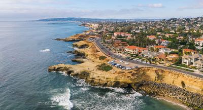 Aerial of Sunset Cliffs along this one day San Diego coastal road trip